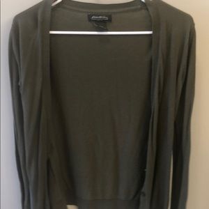 Olive green Eddie Bauer cardigan.